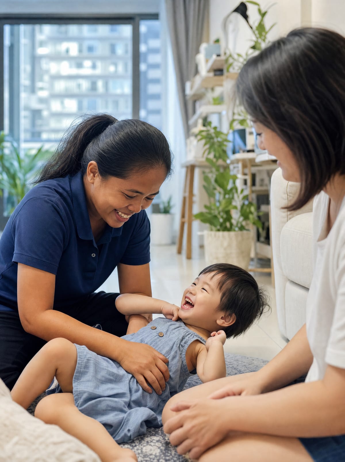 A domestic helper caring for a child with a Singapore family at home